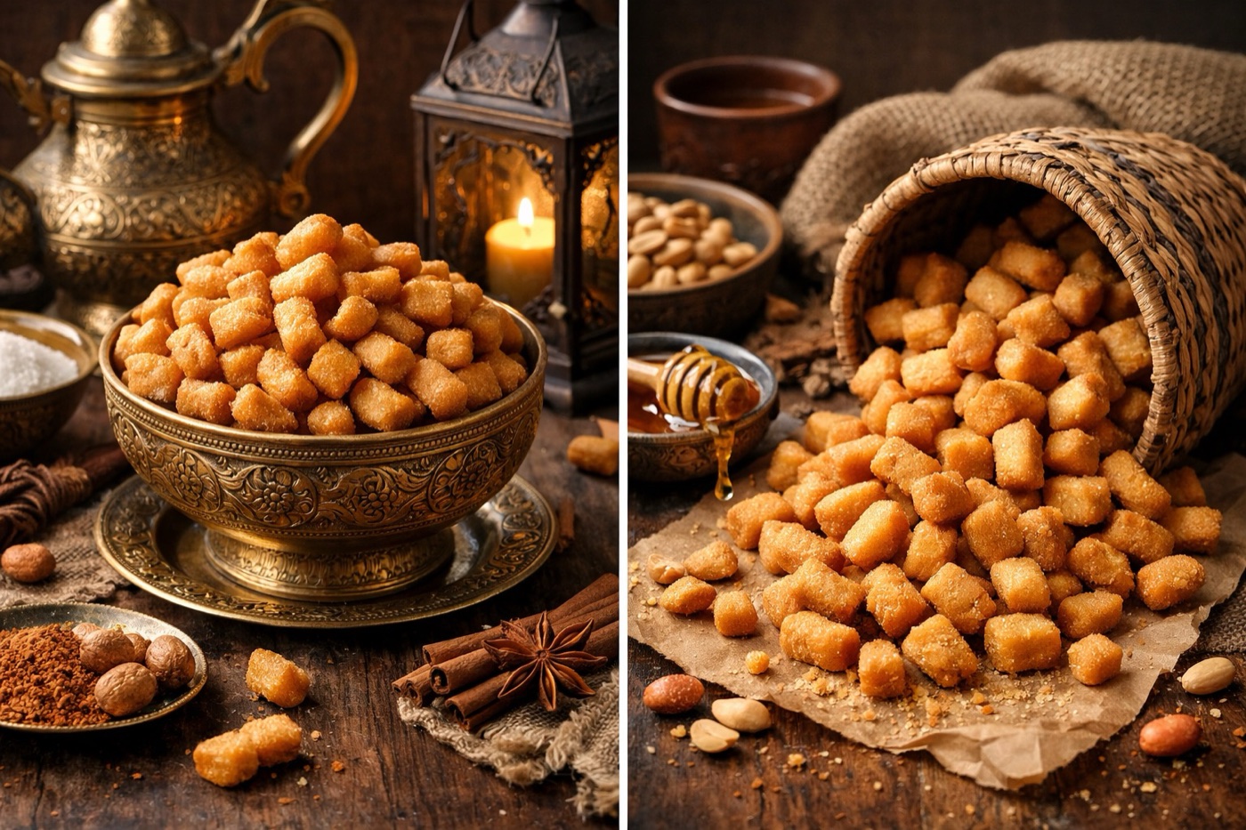 West African chin chin crunchy snack spilling from a woven basket with honey and peanuts — Nigerian celebration