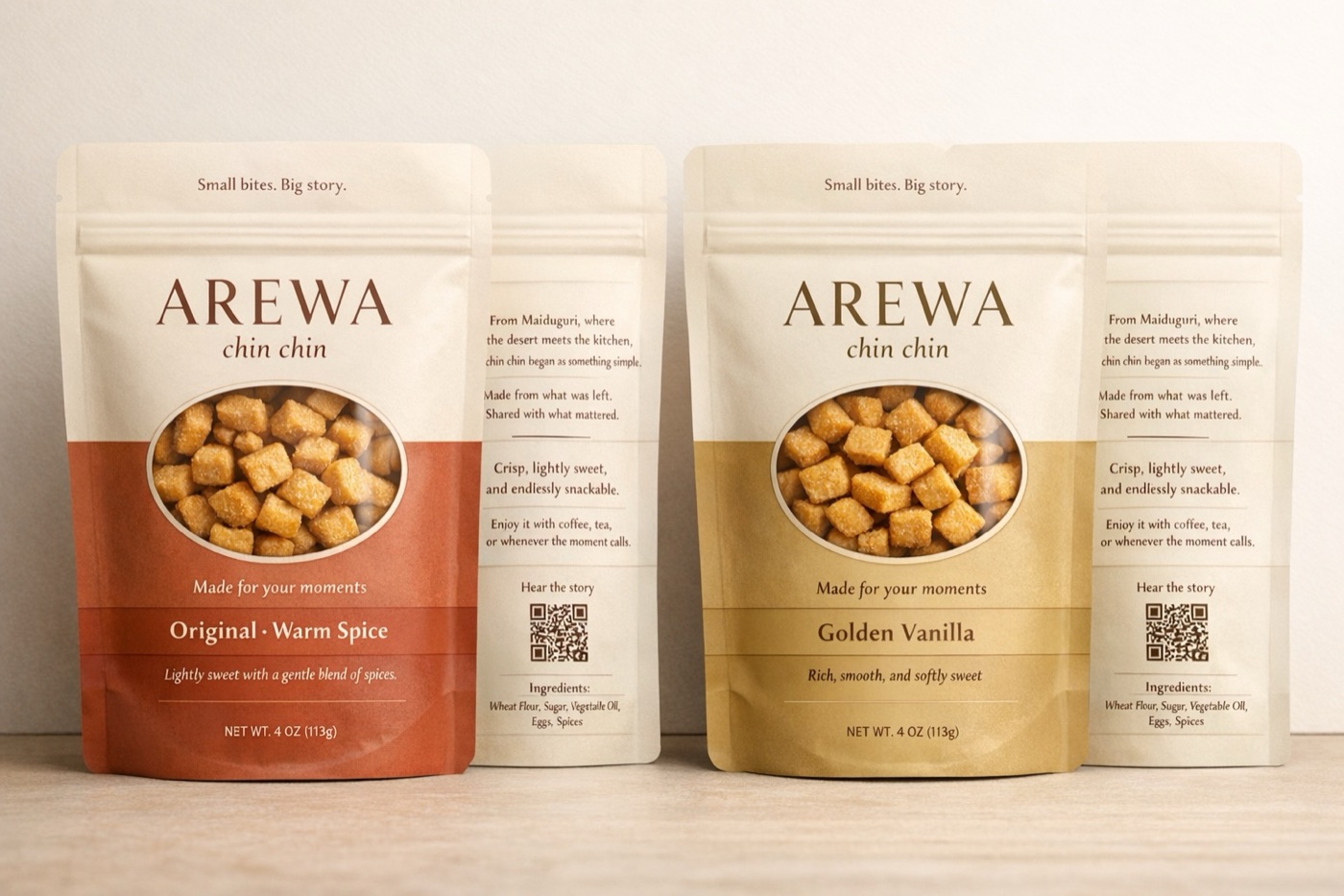 Arewa Chin Chin Original Warm Spice and Golden Vanilla bags side by side