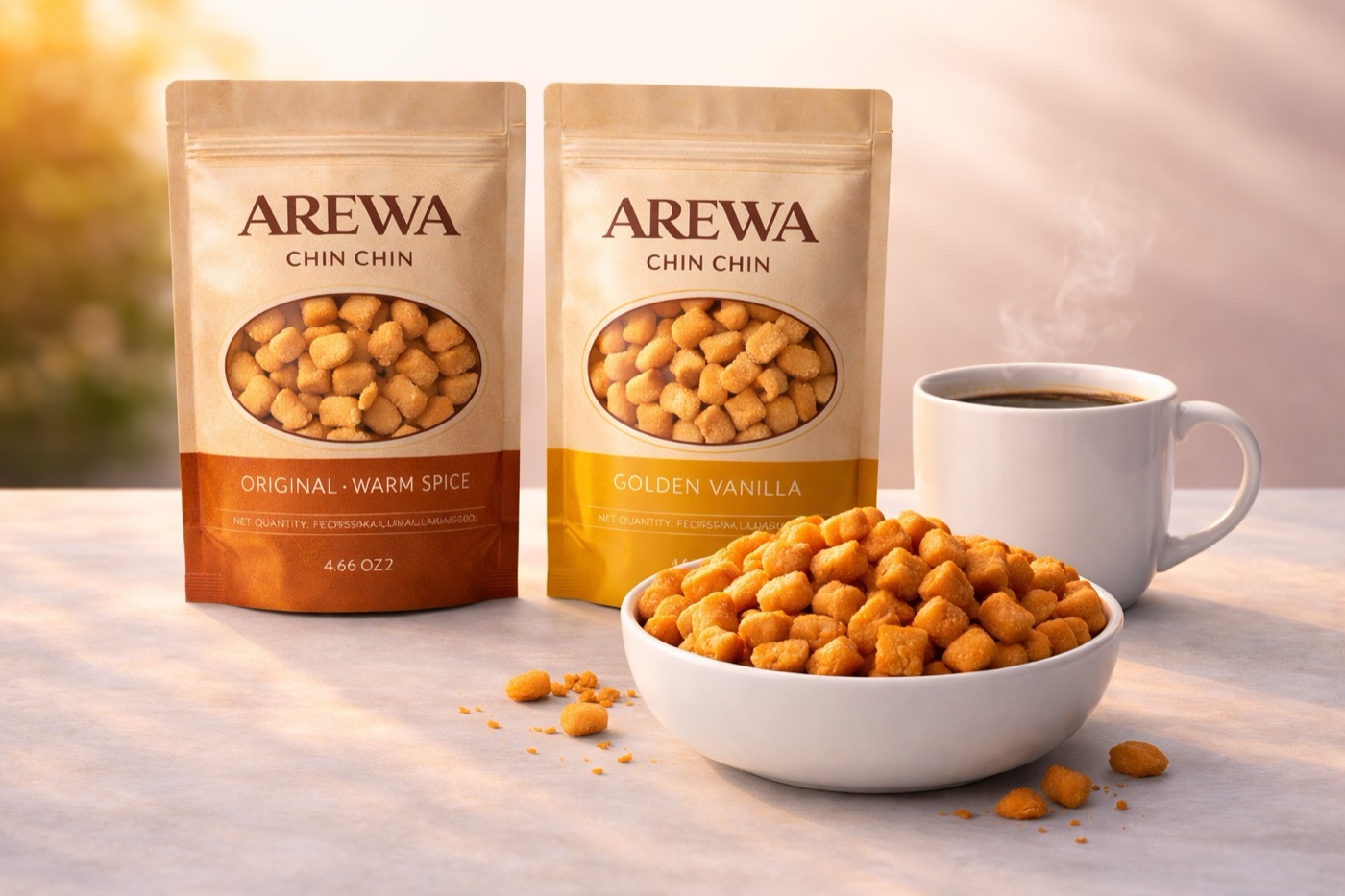Nigerian chin chin snack paired with coffee — Arewa premium African snack as the perfect coffee and tea companion